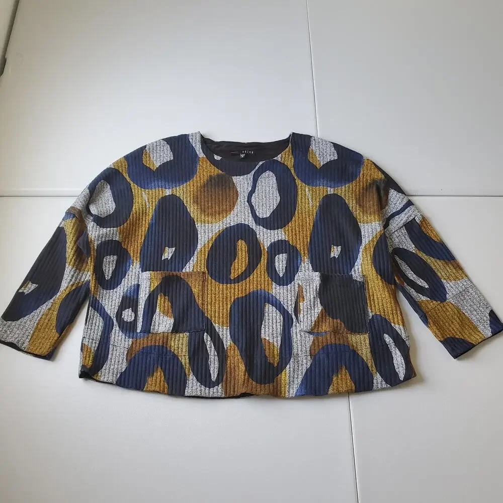 Kozan Blouse Womens M Multicolor Crew Neck 3/4 Sleeve Ribbed Geo Knit Abstract - Picture 1 of 8